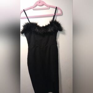 NWT Planet Gold Scuba Feather Trim Midi Dress